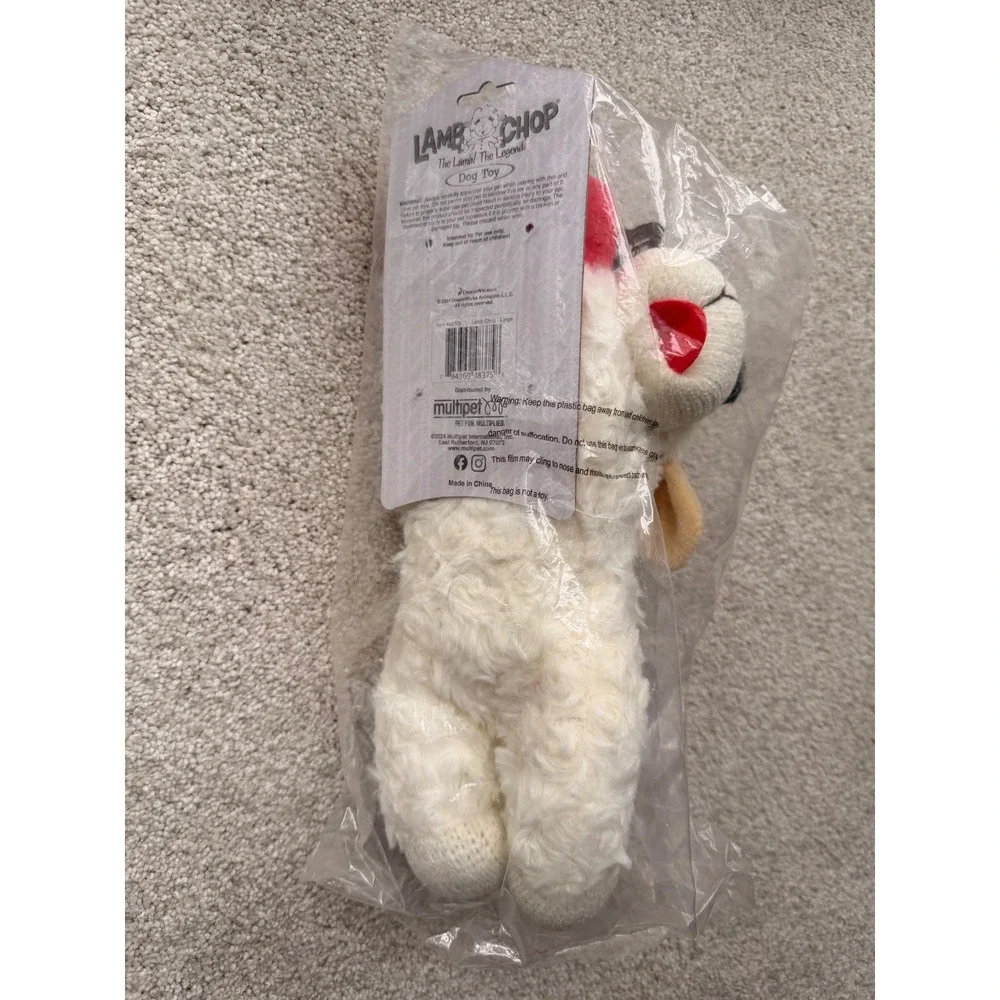 Multipet Lamb Chop Large‎ Plush Squeaky Dog Toy White Red 48375 NEW